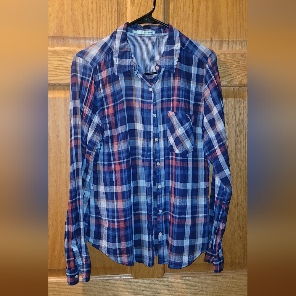 NWOT Maurices Blue White & Pink PLAID Striped Shirt Large CUTE Womens